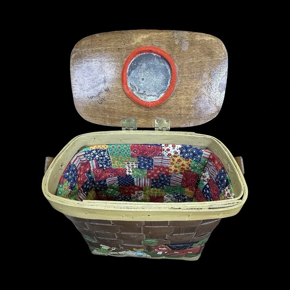 Vintage Hand Painted Wood Splint Basket Folk Art Country Vanity Purse Mirror Lid